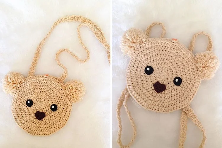 a crochet koala bag and backpack in a light brown color