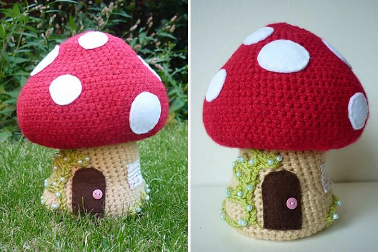 a crochet toadstool house amigurumi