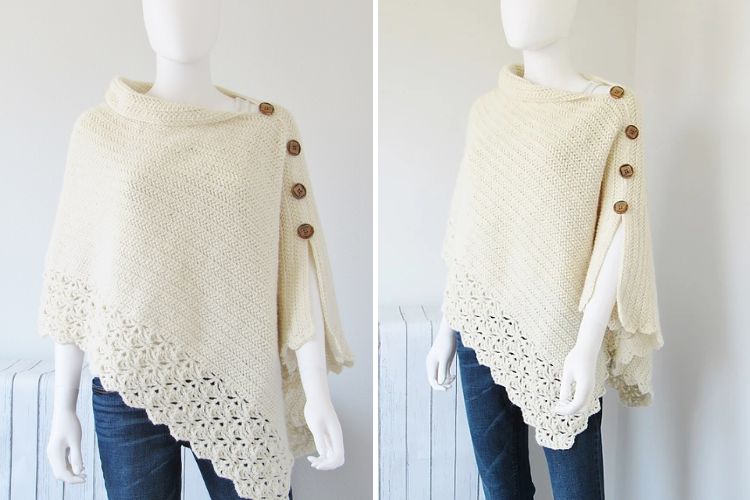 a white crochet poncho on a mannequin