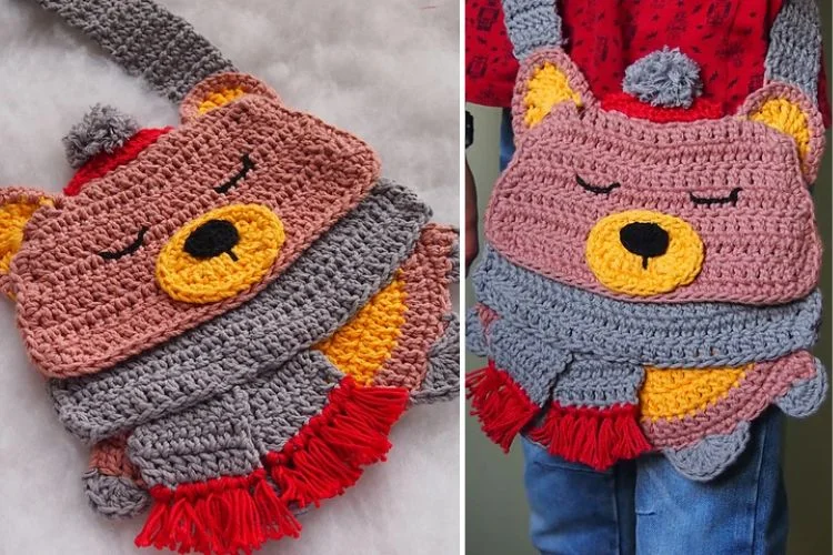 a colorful crochet bag shaped like a bear