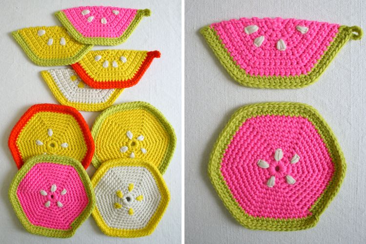 a set of colorful crochet trivets and potholders shaped like fruits