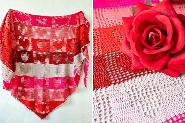 a red crochet shawl with heart motifs