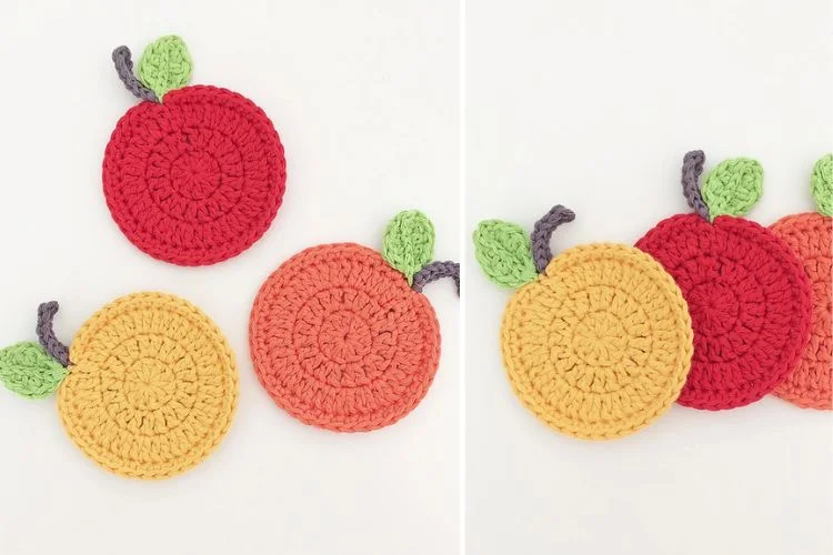 a set of crochet coasters shaped like apples