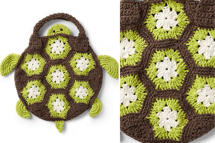 a crochet turtle tote bag made of granny hexagons