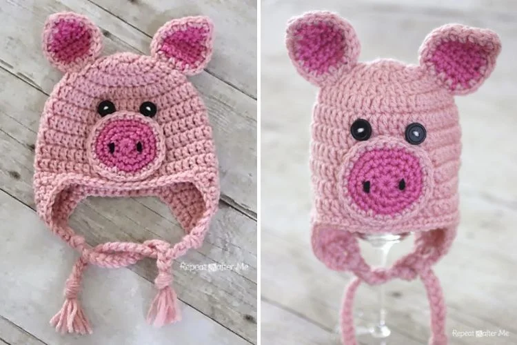 a crochet baby hat shaped like a pig