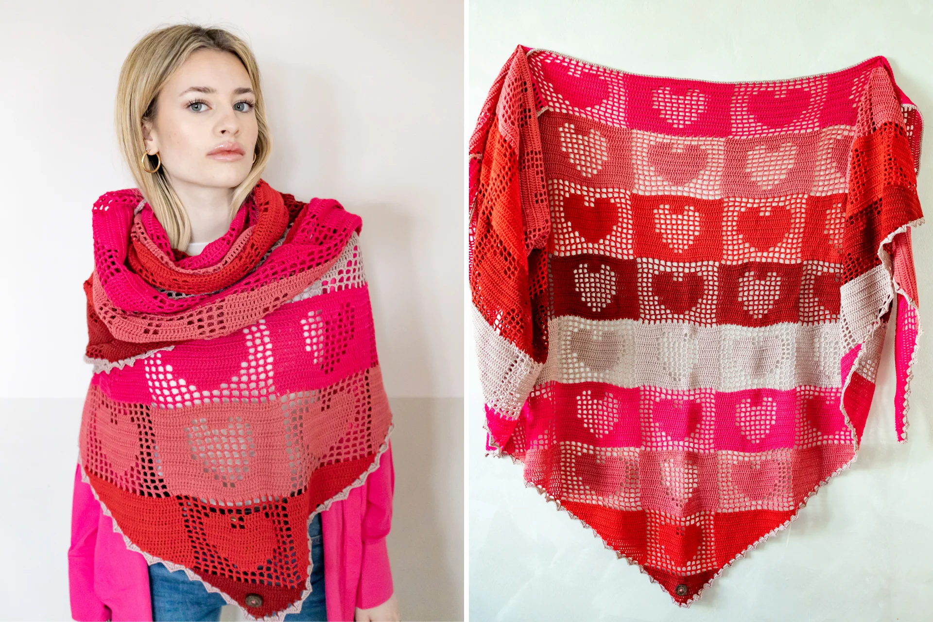 collage with woman wearing red and pink crochet shawl with hearts and hanging crochet shawl with heart squares