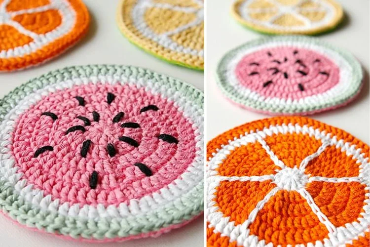 a set of fruit crochet potholders