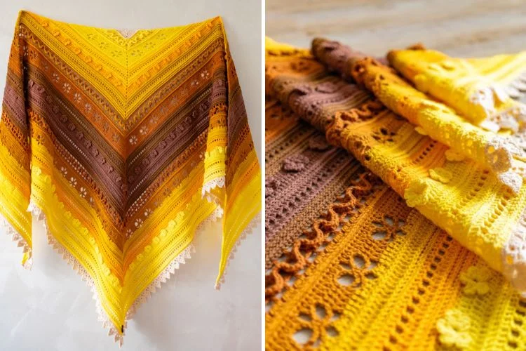 a beautifully textured crochet shawl in yellow and brown colors