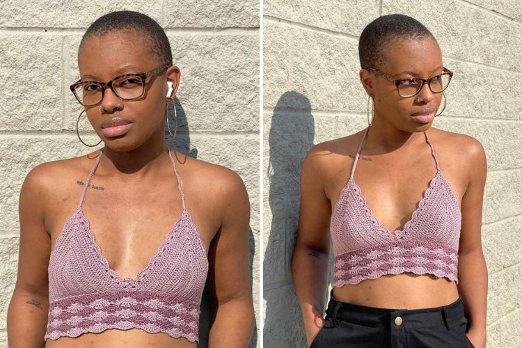 a woman wearing a violet crochet crop top