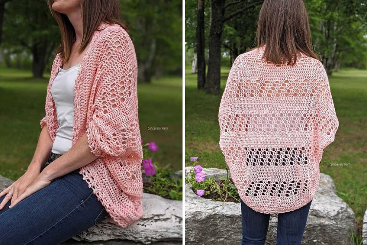 a pink crochet cocoon cardigan with an openwork design