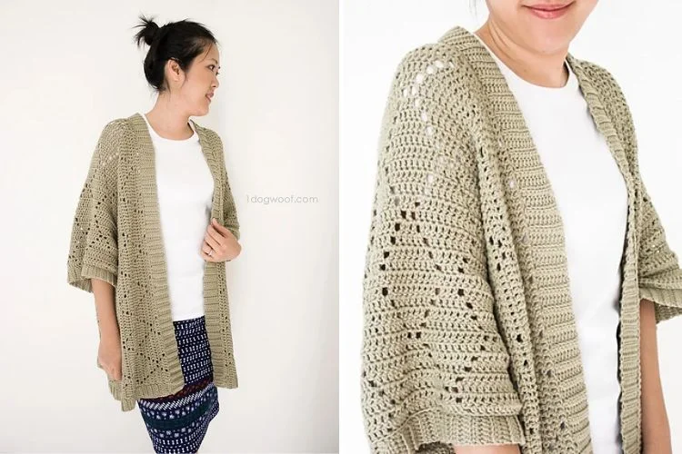 a crochet cardigan with a lace diamond pattern