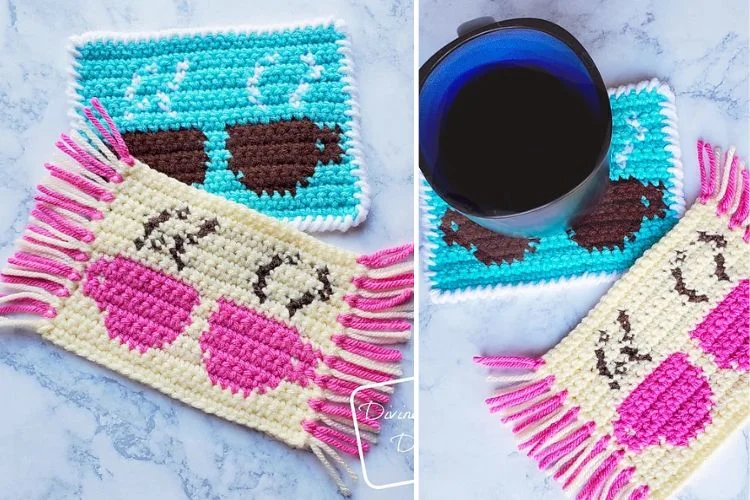 two crochet mug rugs with a coffee cup design on it