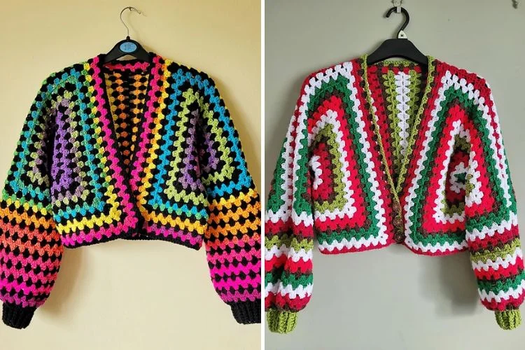 two colorful crochet cardigans made of big granny hexagons