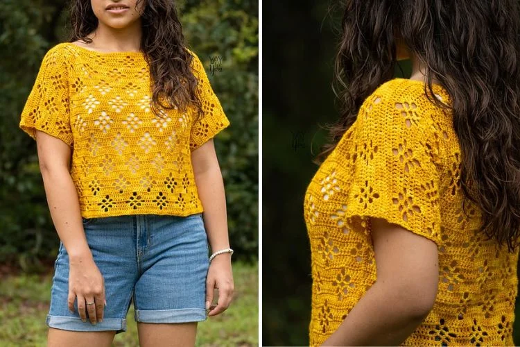 a woman wearing a short-sleeved crochet top in yellow