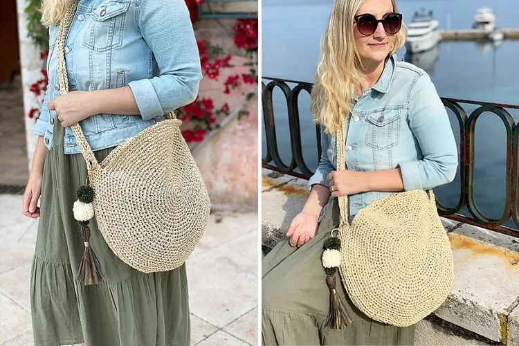 a woman wearing a round crochet bag in a neutral color