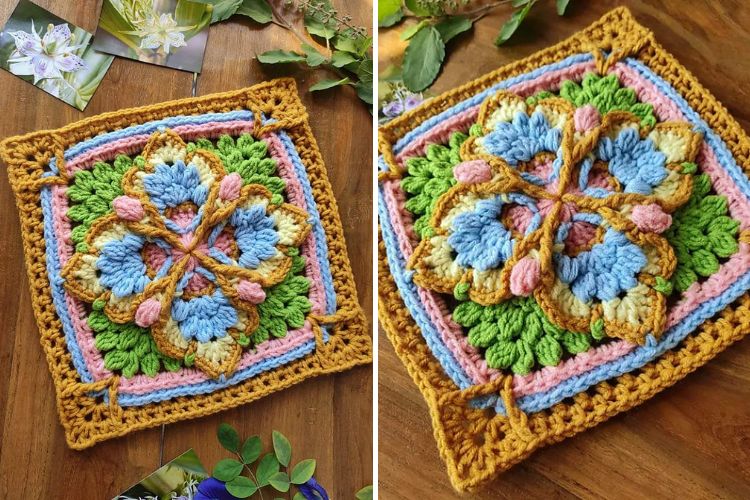 a colorful crochet granny square with an intricate 3D design