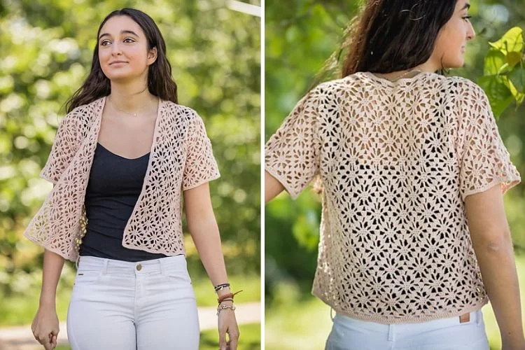 a woman wearing a spring lace crochet cardigan