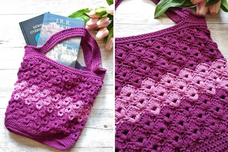 a beautifully textured crochet bag in purples