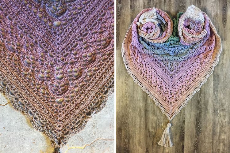 a colorful crochet shawl with an intricate design