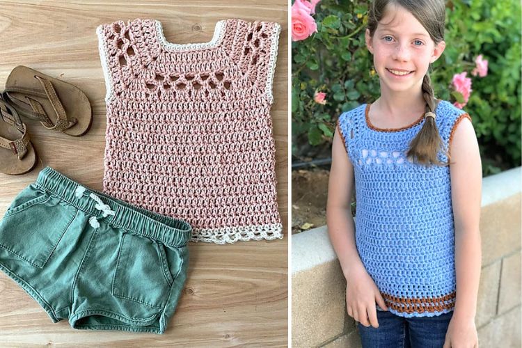 a little girl wearing a lace stitched crochet top