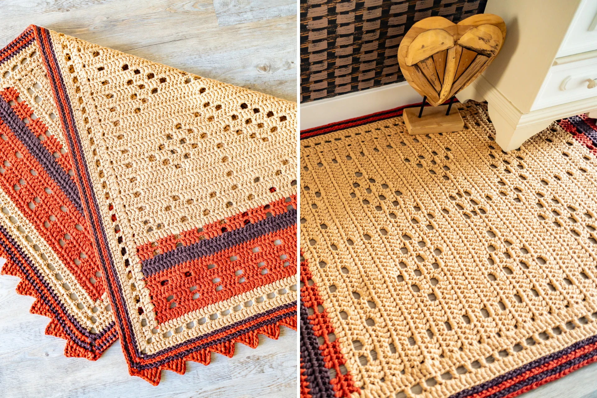 two pictures of crochet rug in beige and orange color