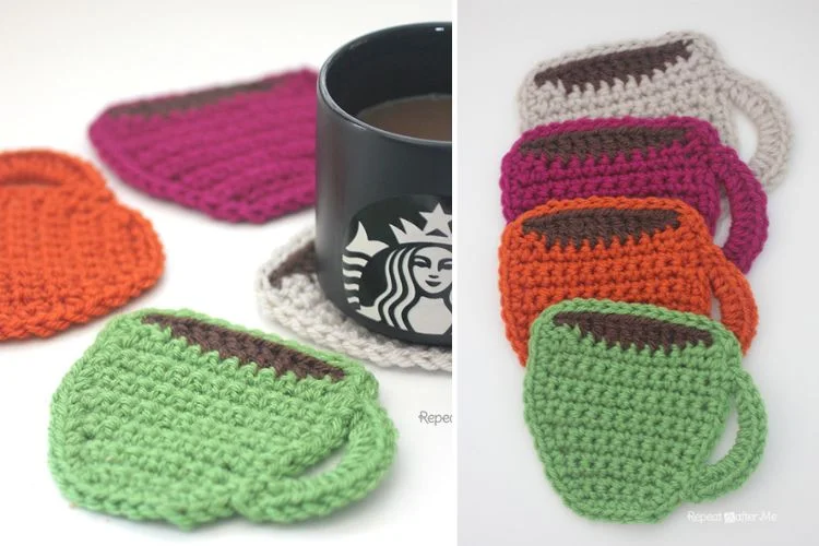 crochet coasters shaped like coffee cups