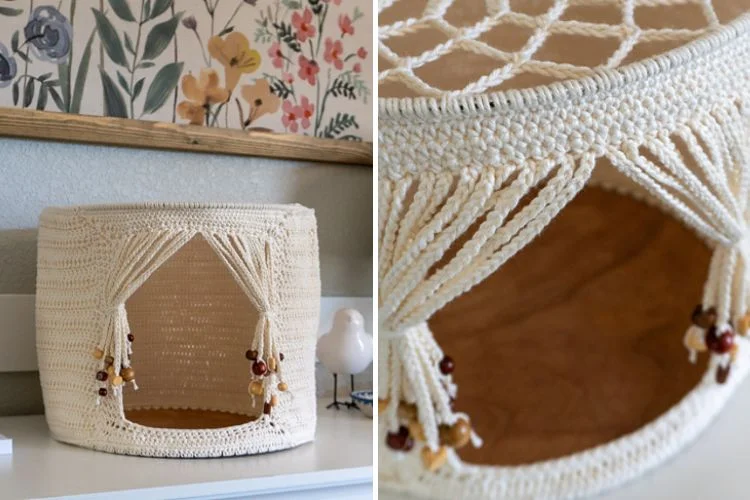 a crochet cat bed with beads and openwork top