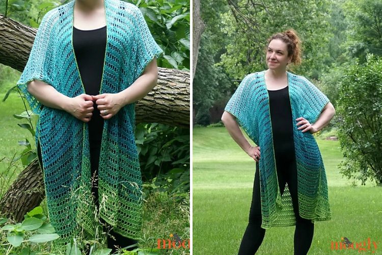 a woman wearing a long green crochet cardigan