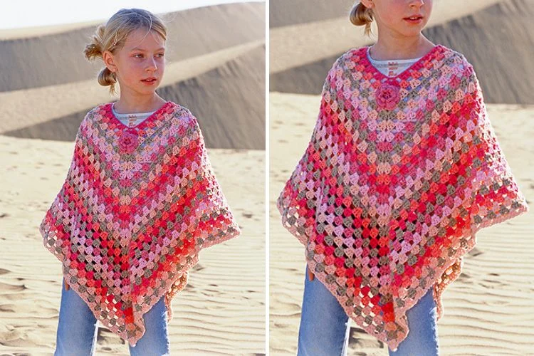 a girl wearing a colorful crochet poncho