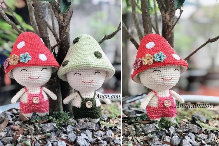 two mushroom crochet doll amigurumi