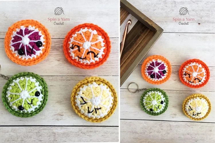 a set of crochet keychains with fruit designs