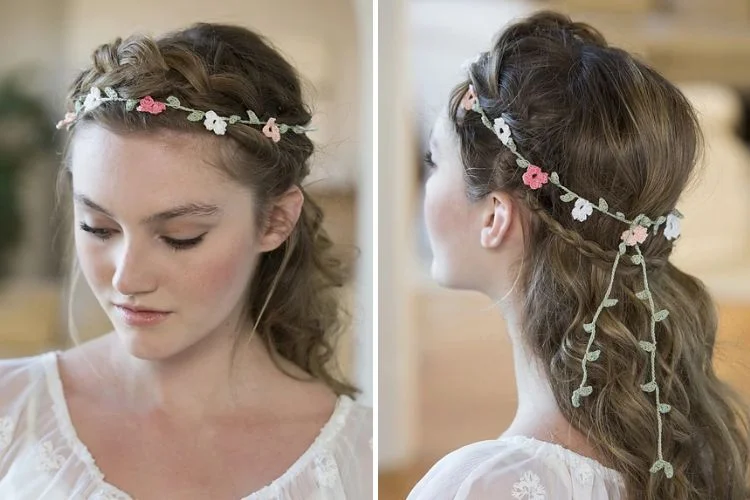 a crochet headband made of tiny flowers