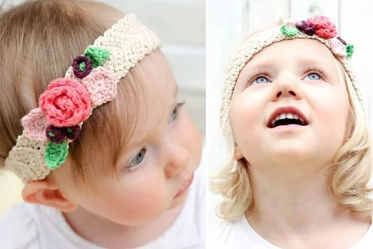 children wearing crochet headbands with a flower