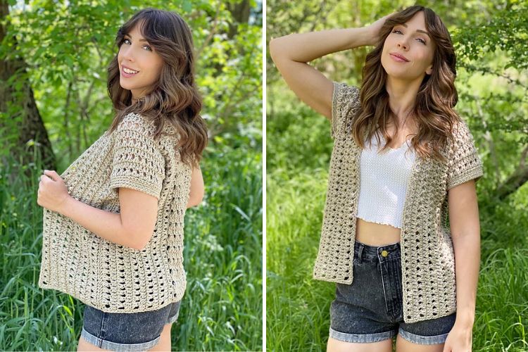 a woman wearing a spring lace crochet cardigan