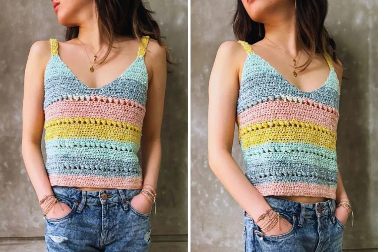 a woman wearing a crochet colorful crochet tank top