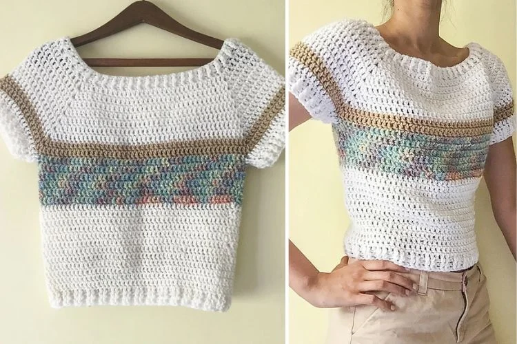 a simple cropped crochet pullover with short sleeves