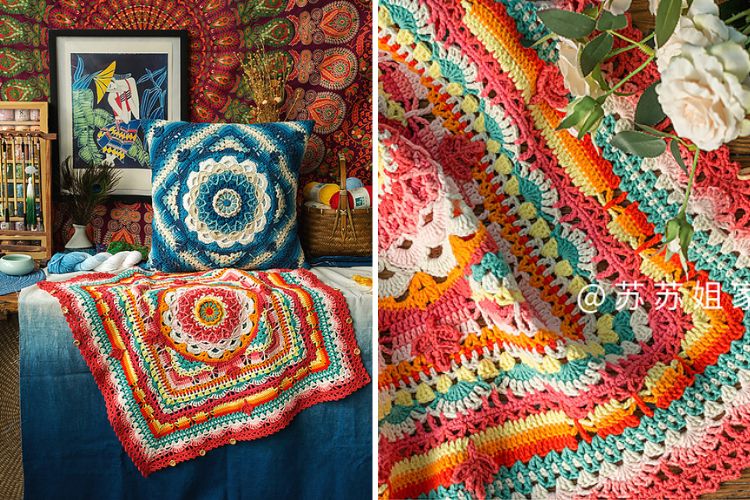 a crochet throw and pillow with an intricate design