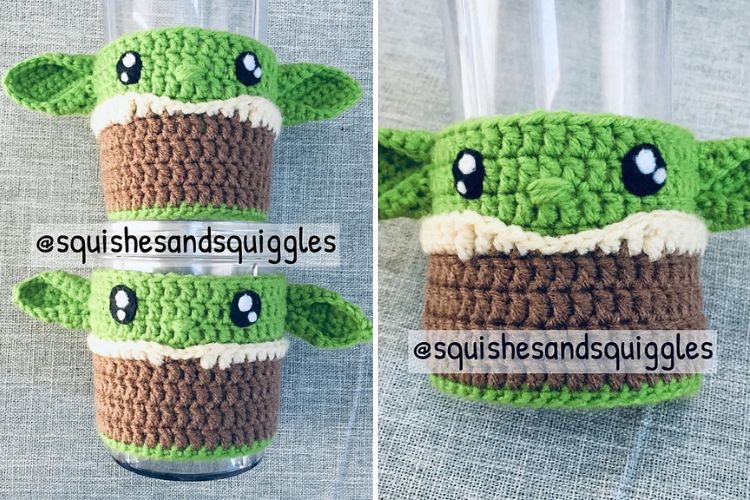 a baby yoda crochet cup cozy