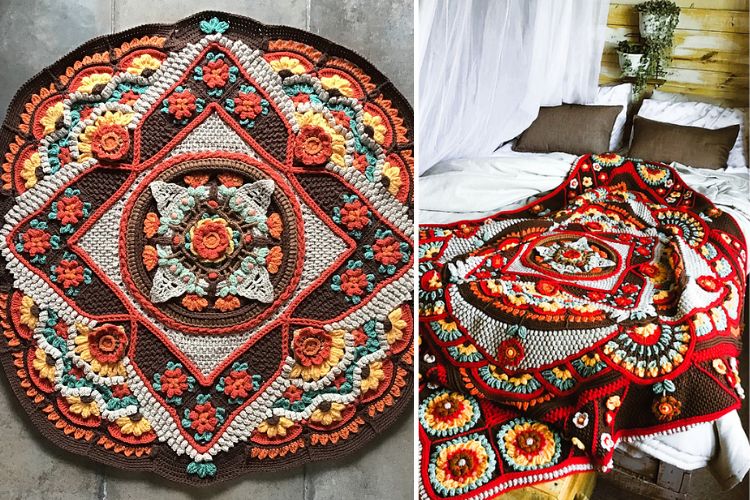 a crochet throw with an intricate flower design