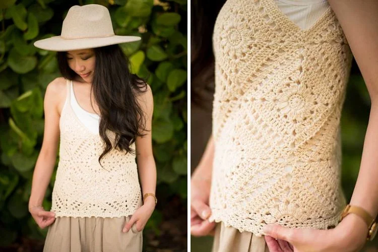 a woman wearing a crochet top made of granny squares in a solid cream color