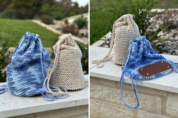 two crochet drawstring bags