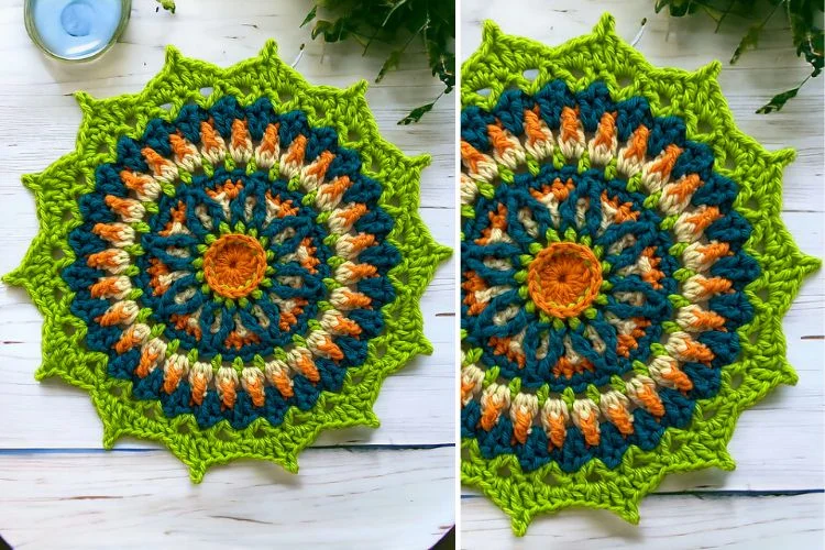 a green crochet mandala with pointed arms