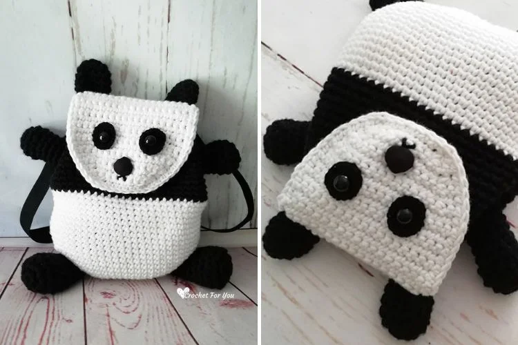 a crocheted panda backpack