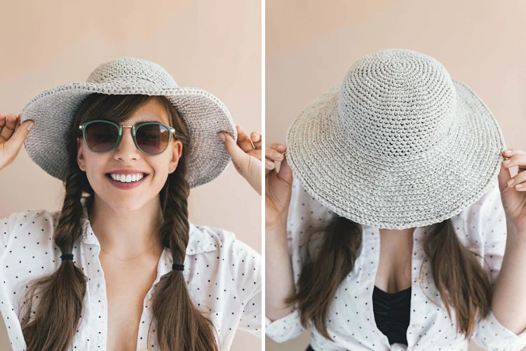 a woman wearing a white simple sunhat