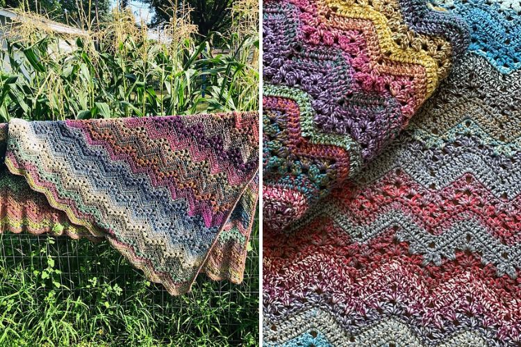 a colorful crochet blanket with a wavy design