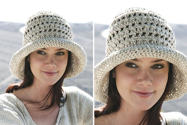 a woman wearing a white crochet summer hat