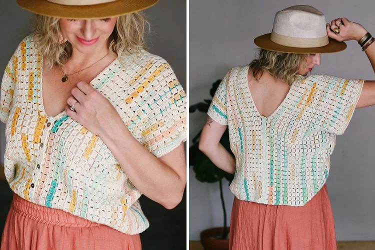 a woman wearing a crochet top in light colors