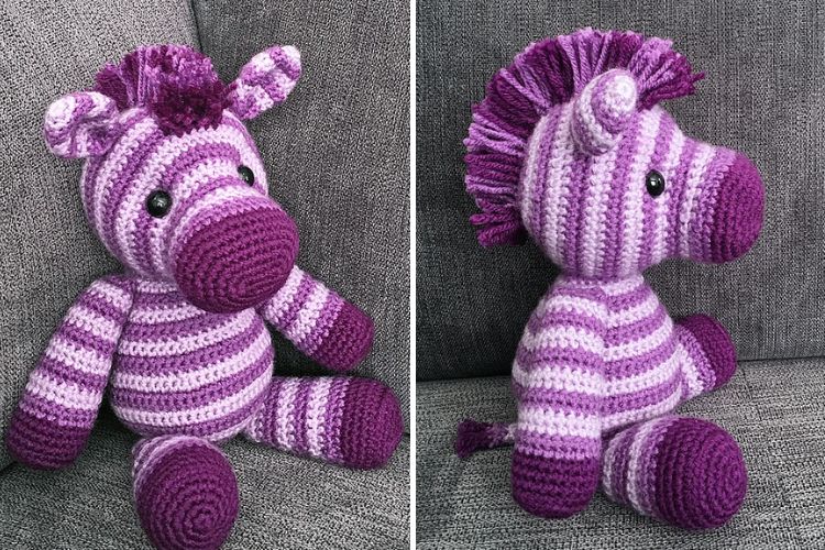 a purple crochet zebra amigurumi