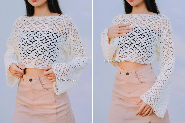 a woman wearing a white lace crochet crop top