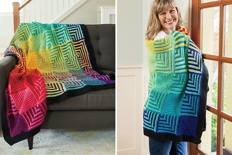 a rainbow-colored crochet throw